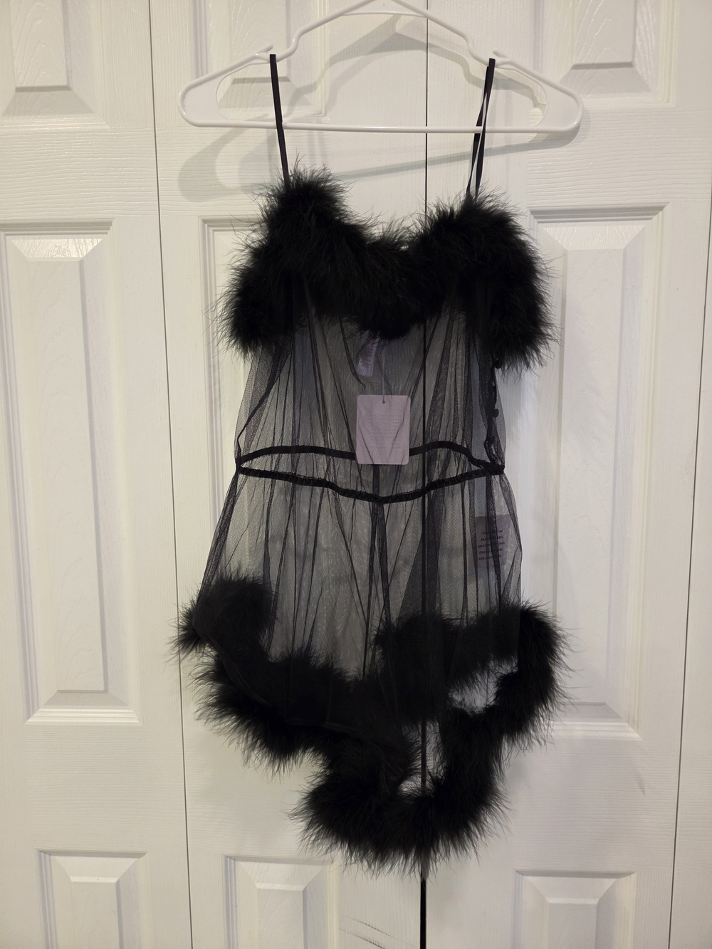 Sheer Black Faux Fur-Trim Babydoll Romper Lingerie - Women's Intimates